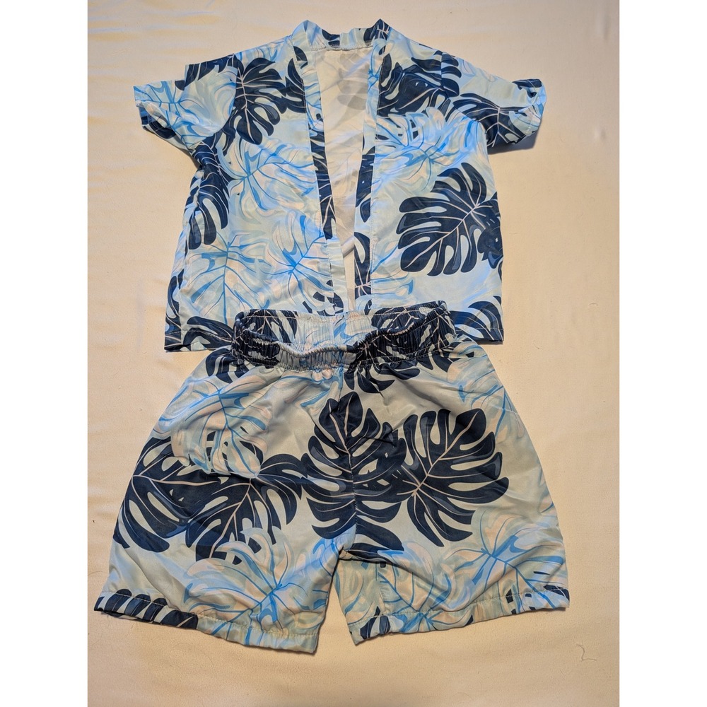 Shein Kids Blue Tropical Palm Leaf Print Shirt and Swim Trunks Set Size 5Y